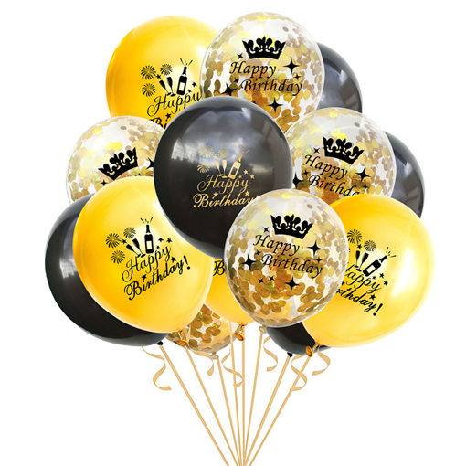 Picture of BALLOON BUNCH GOLD/BLACK HAPPY BIRTHDAY